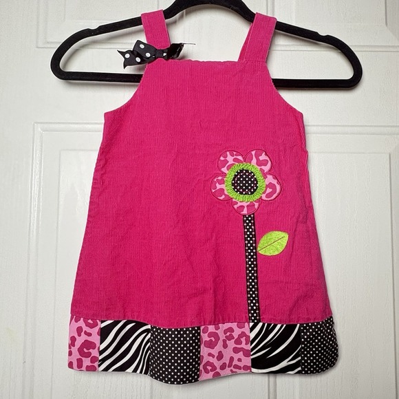 VTG Ribbed Material Jumper Dress Girls Sz 3T Pink Flower Patchwork Trim EUC - Picture 1 of 5